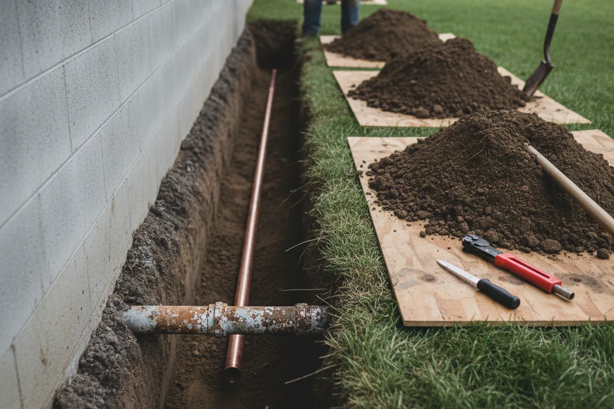 Excavated water line trench during Sewer Line Repair in New Lenox